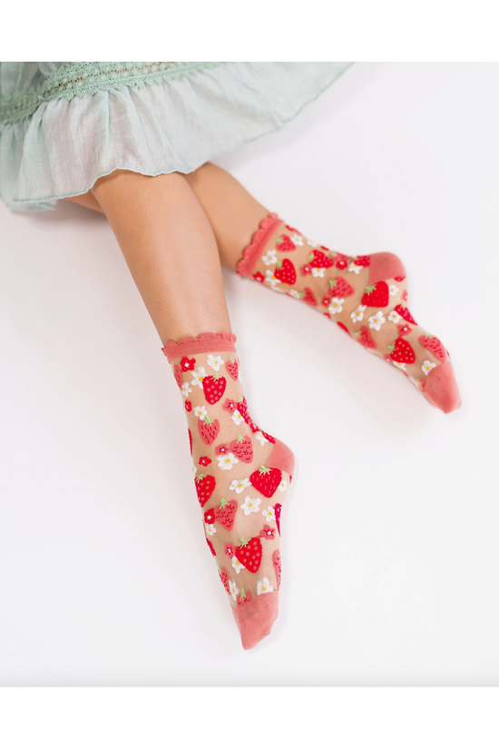Strawberry Daisy Ruffle Sheer Crew Fashion Socks