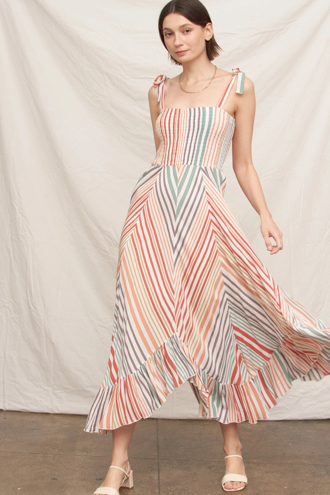 Sleeveless Multi Striped Handkerchief Hem Maxi Dress Small