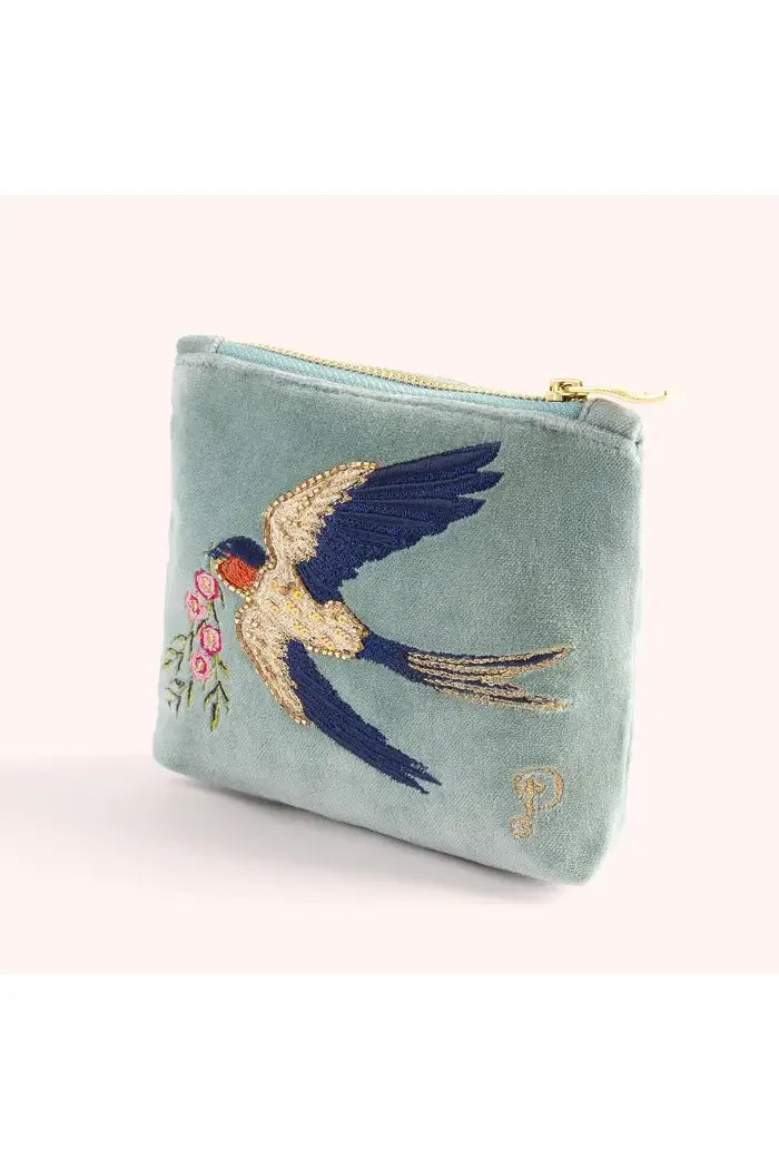 Swooping Swallows Velvet Embroidered Mini Pouch