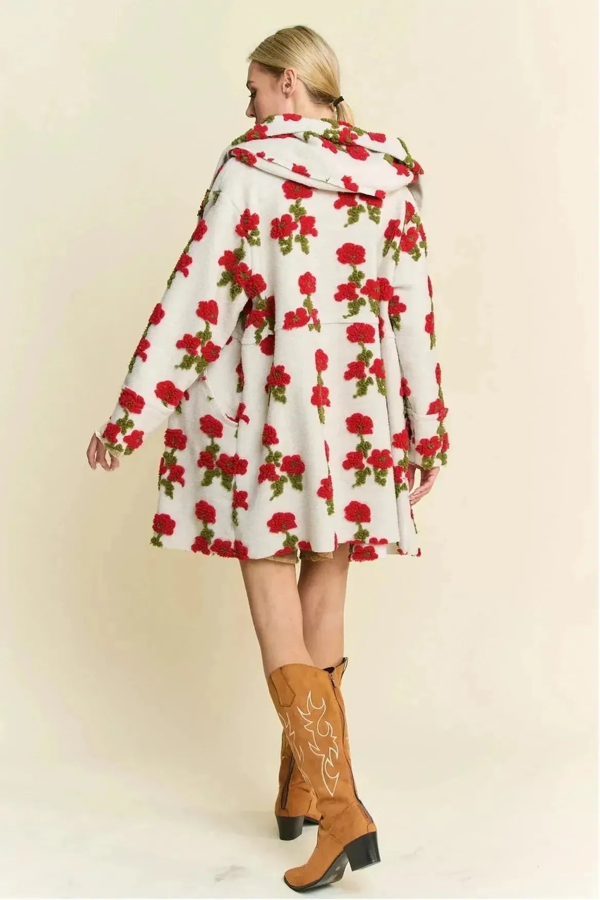 Red Floral Sherpa Hoodie Swing Coat
