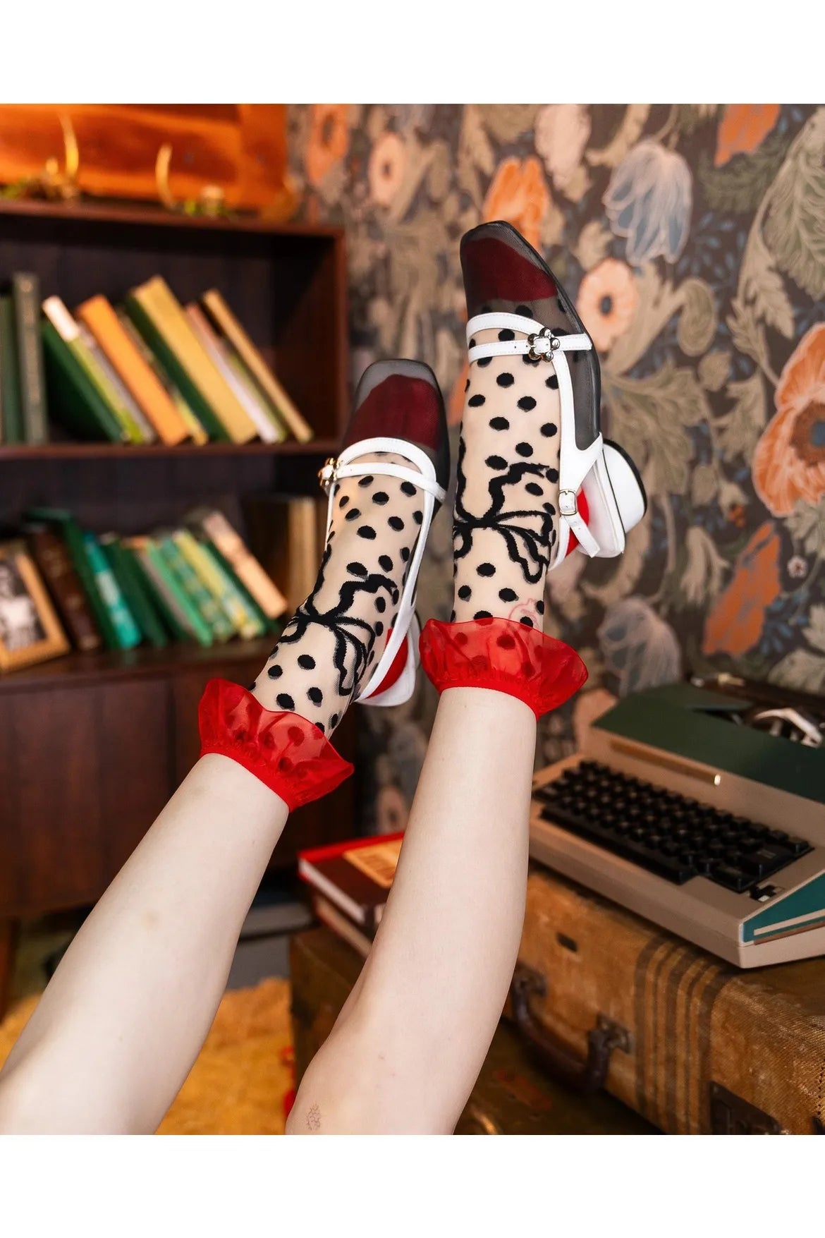 Polka Dot Red Ruffle Sheer Crew Fashion Socks