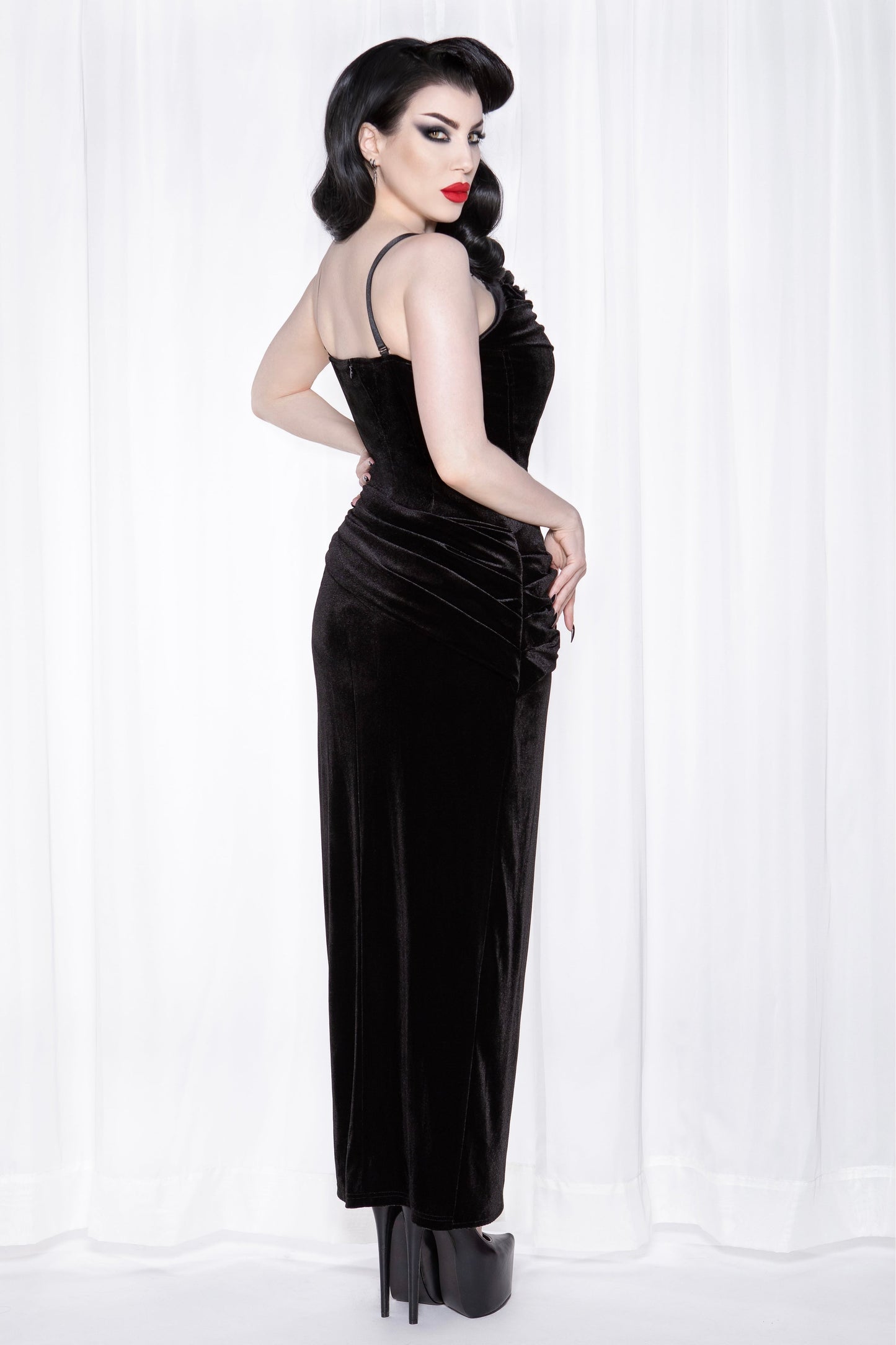 Phantom Black Velvet Swag Gown