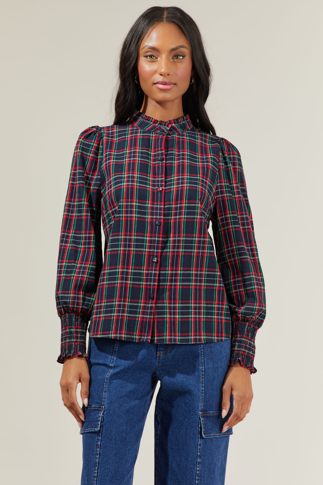 Miley Plaid Split Neck Blouse