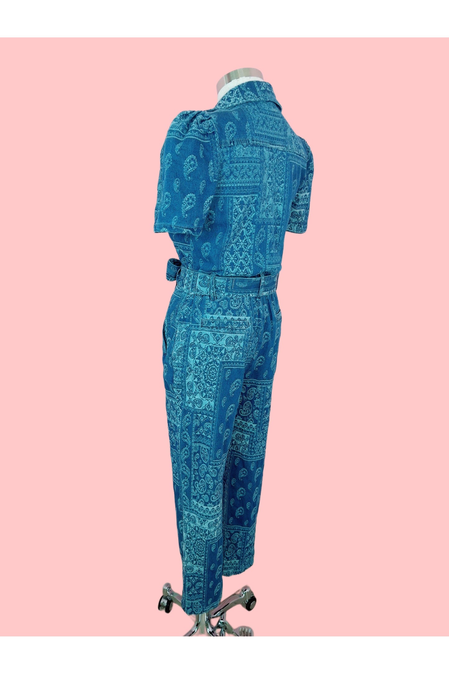 Sugarfoot Blue Paisley Print Utility Denim Jumpsuit