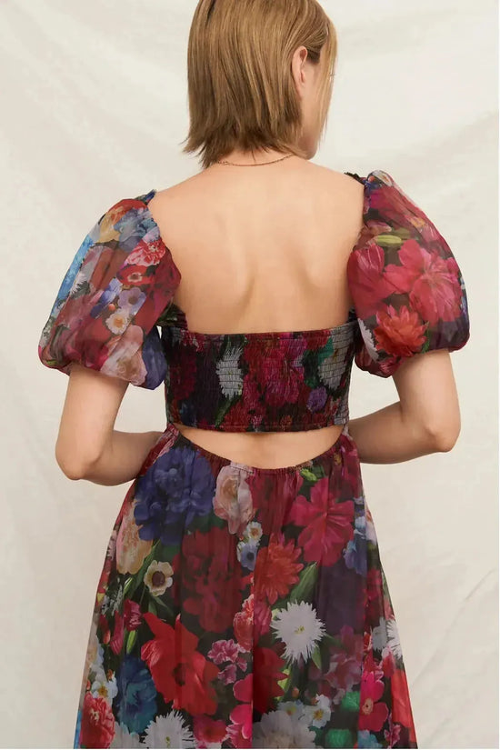 Puff Sleeve Floral Overlay Midi Dress