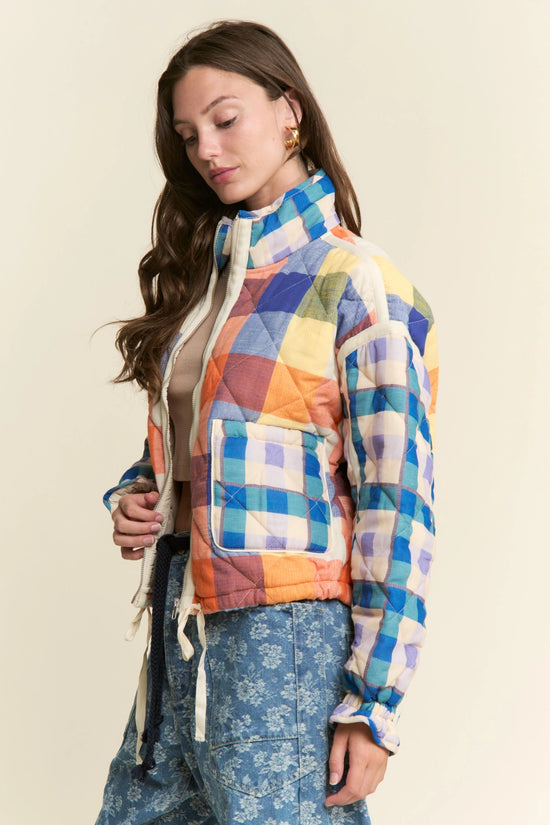 Multi-Color Plaid Quilted Puffer Zipper Jacket