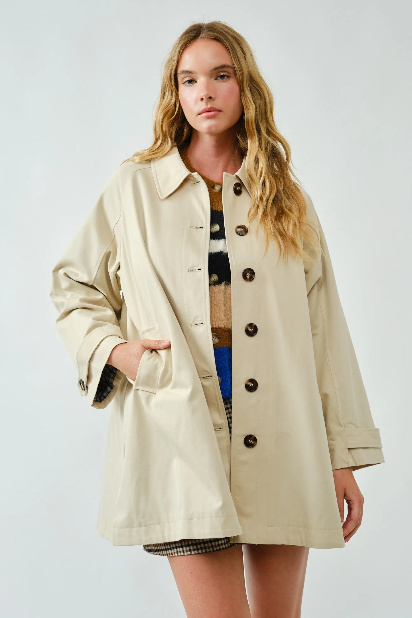 A-Line Trench Coat with Plaid Lining