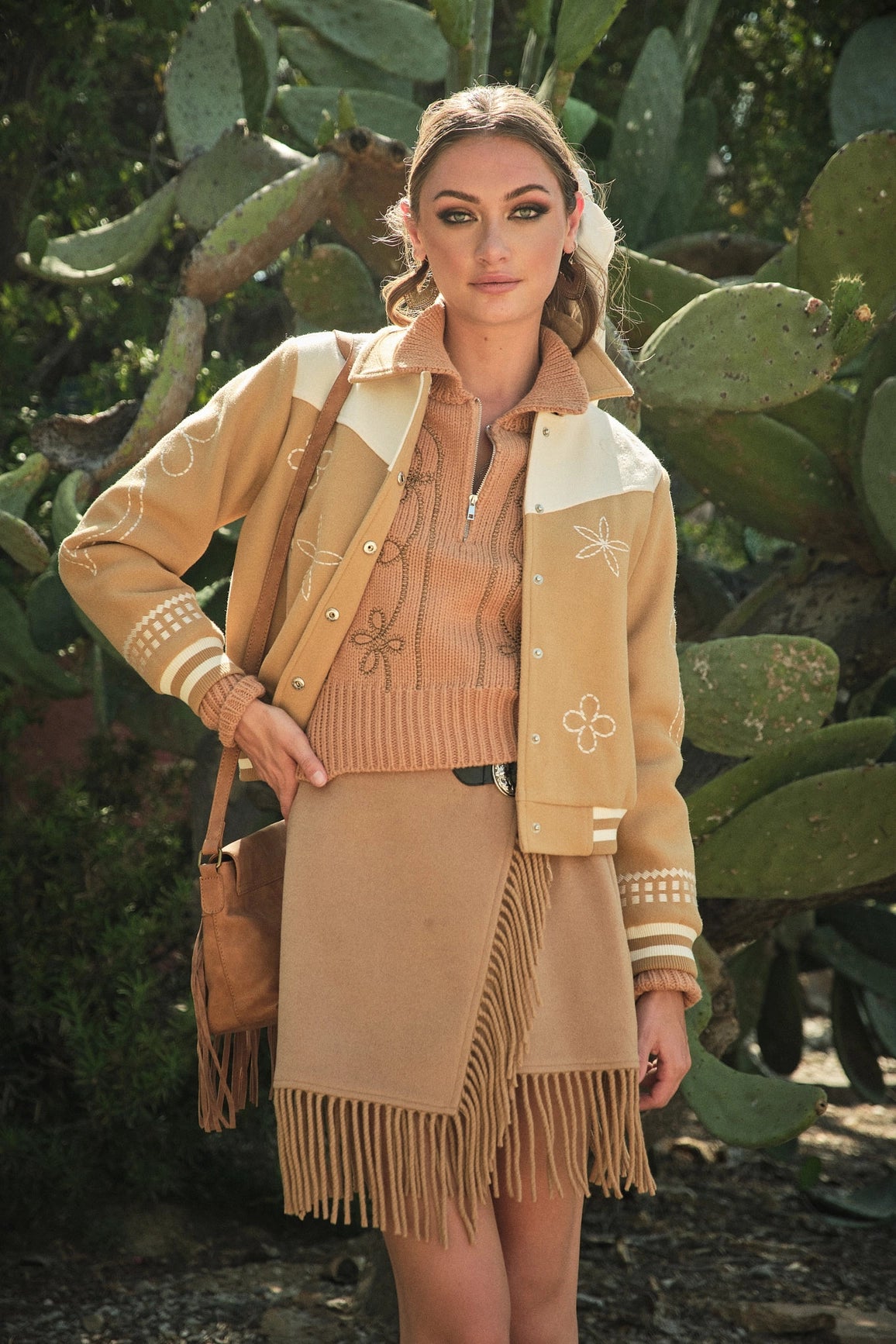 Floral Embroidered Camel Varsity Jacket