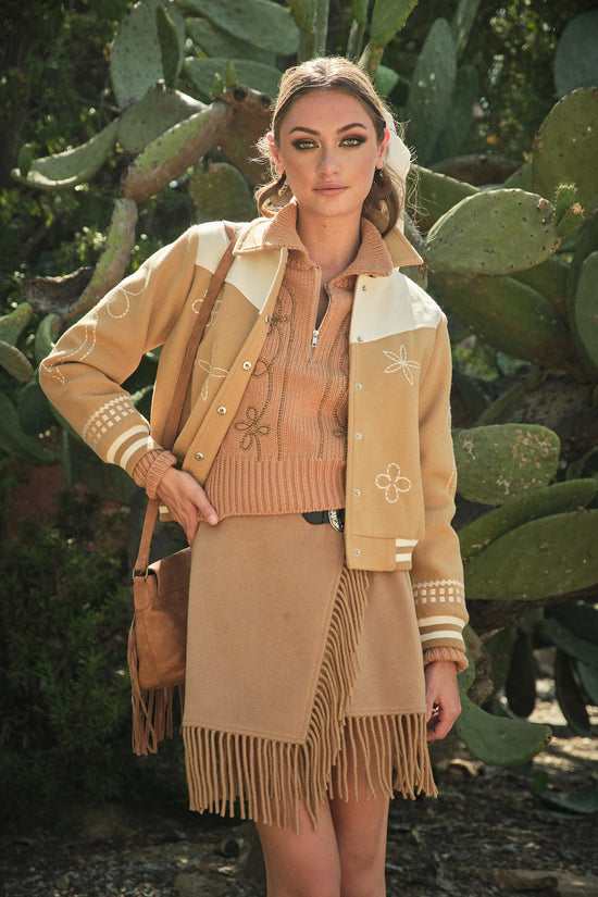 Floral Embroidered Camel Varsity Jacket