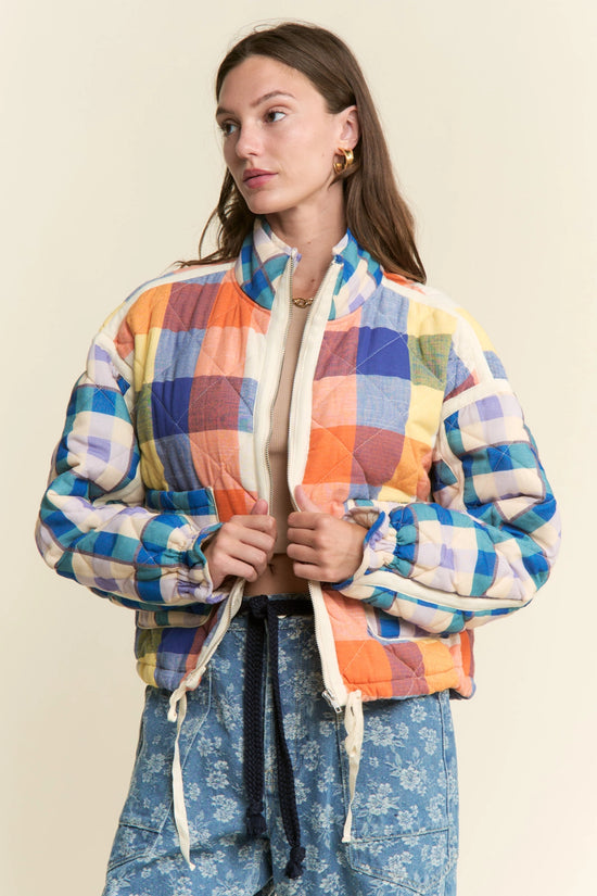 Multi-Color Plaid Quilted Puffer Zipper Jacket