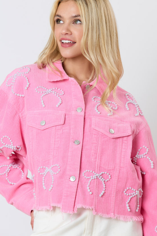 Pink Remix Pearl Bow Embellished Corduroy Cropped Jacket