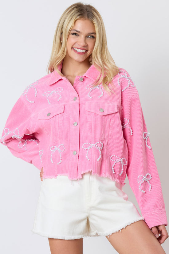 Pink Remix Pearl Bow Embellished Corduroy Cropped Jacket