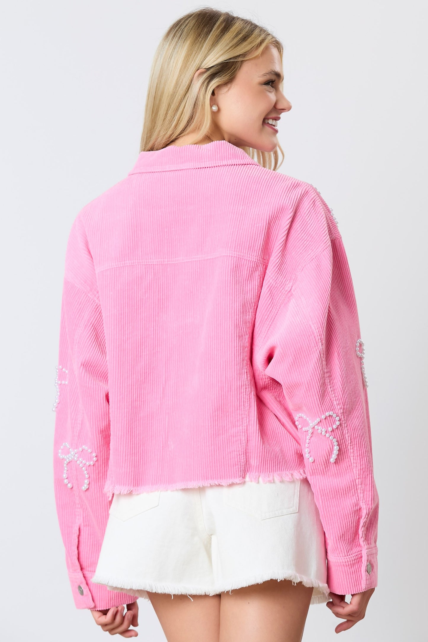 Pink Remix Pearl Bow Embellished Corduroy Cropped Jacket