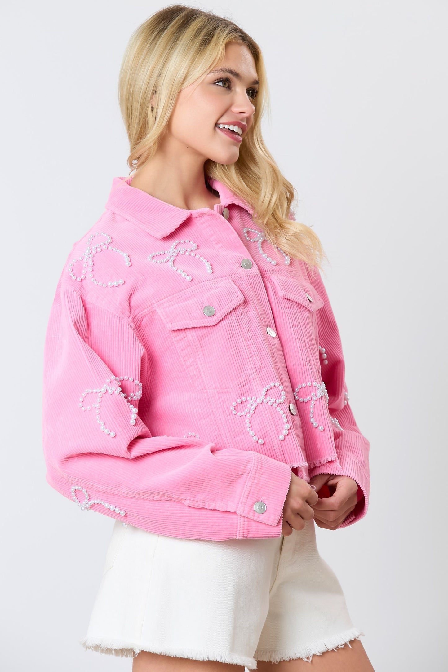 Pink Remix Pearl Bow Embellished Corduroy Cropped Jacket