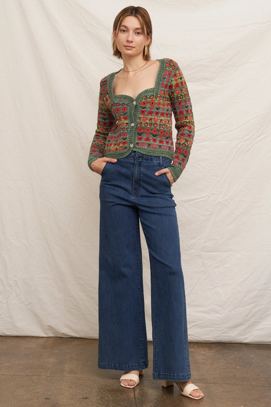 Floral Jacquard Sweetheart Neckline Cardigan