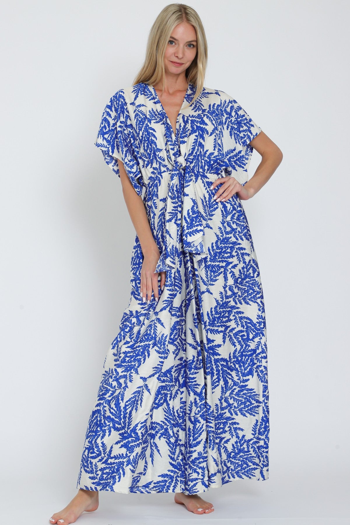 Deep In Thought White & Blue Kimono Sleeve Jumpsuit