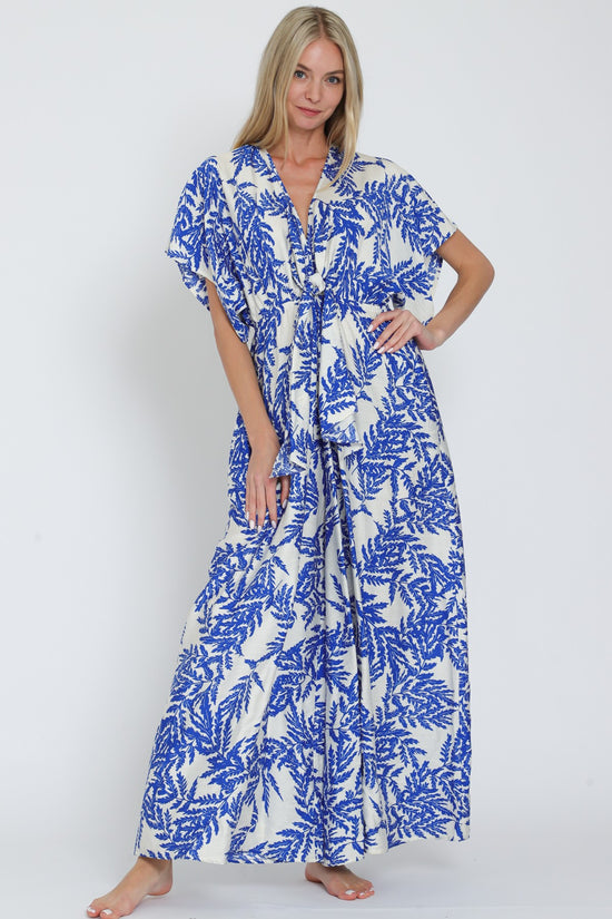 Deep In Thought White & Blue Kimono Sleeve Jumpsuit