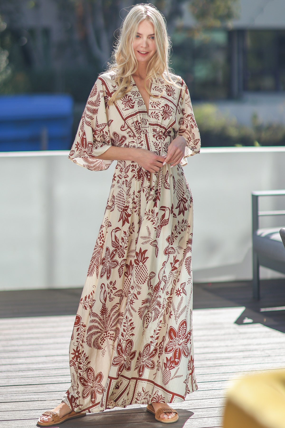 Havana Interlude Ivory & Brown Kimono Sleeve Maxi Dress