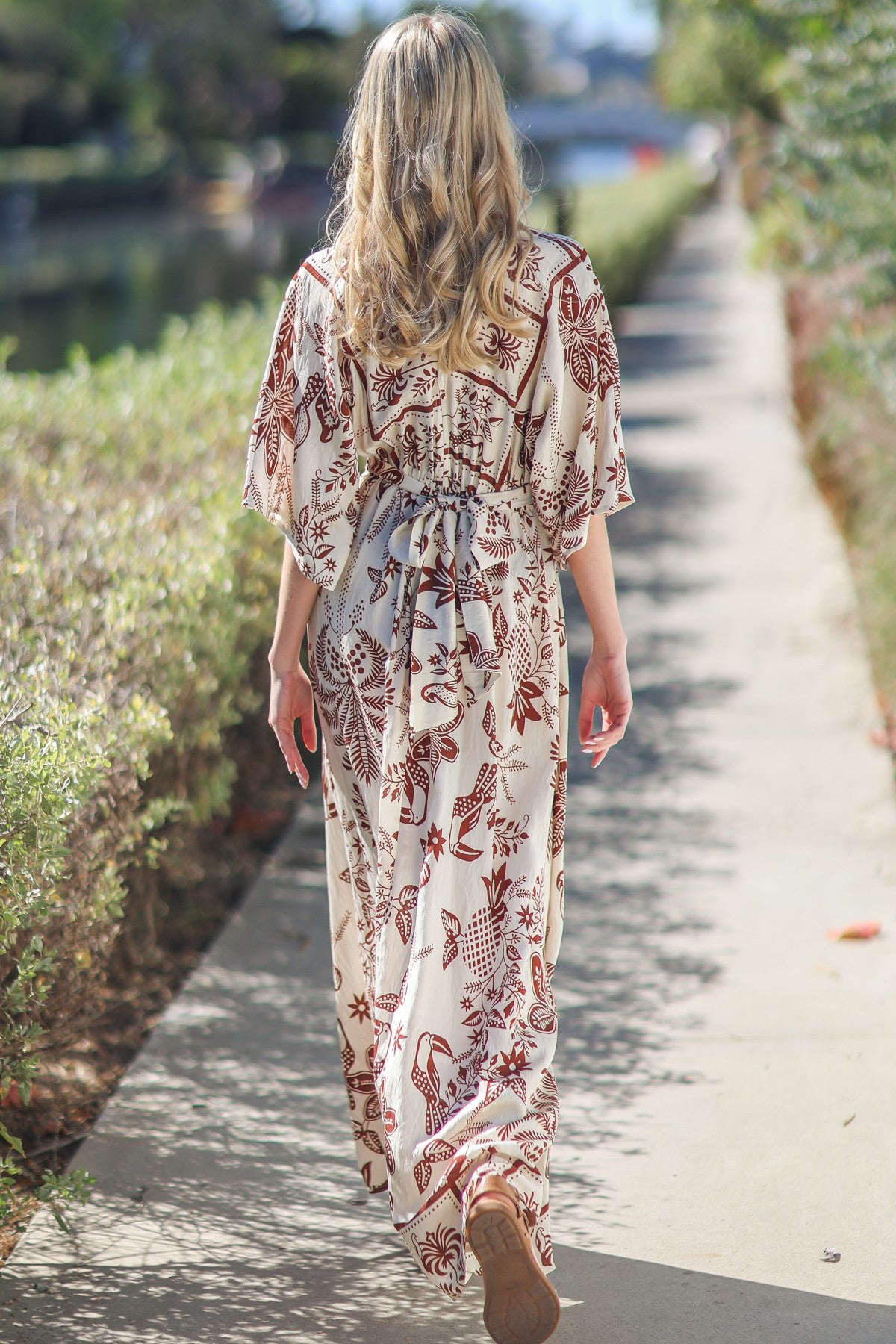 Havana Interlude Ivory & Brown Kimono Sleeve Maxi Dress