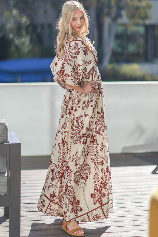 Havana Interlude Ivory & Brown Kimono Sleeve Maxi Dress