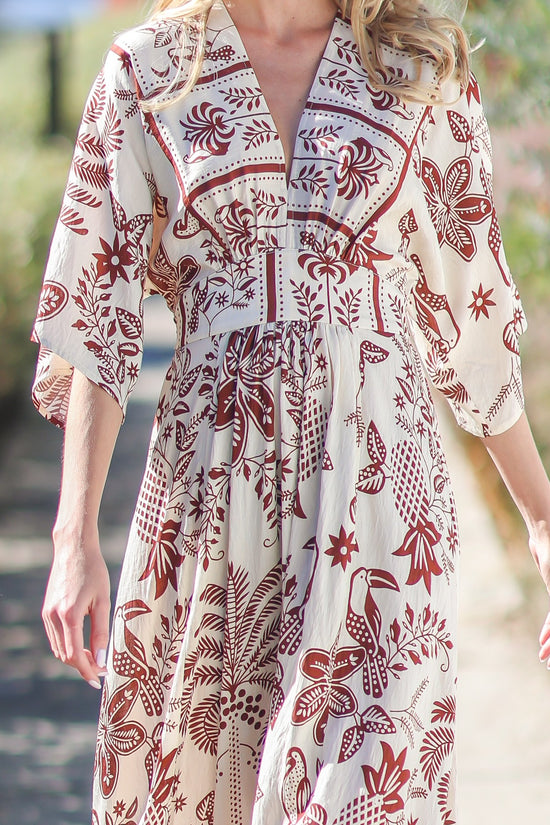 Havana Interlude Ivory & Brown Kimono Sleeve Maxi Dress