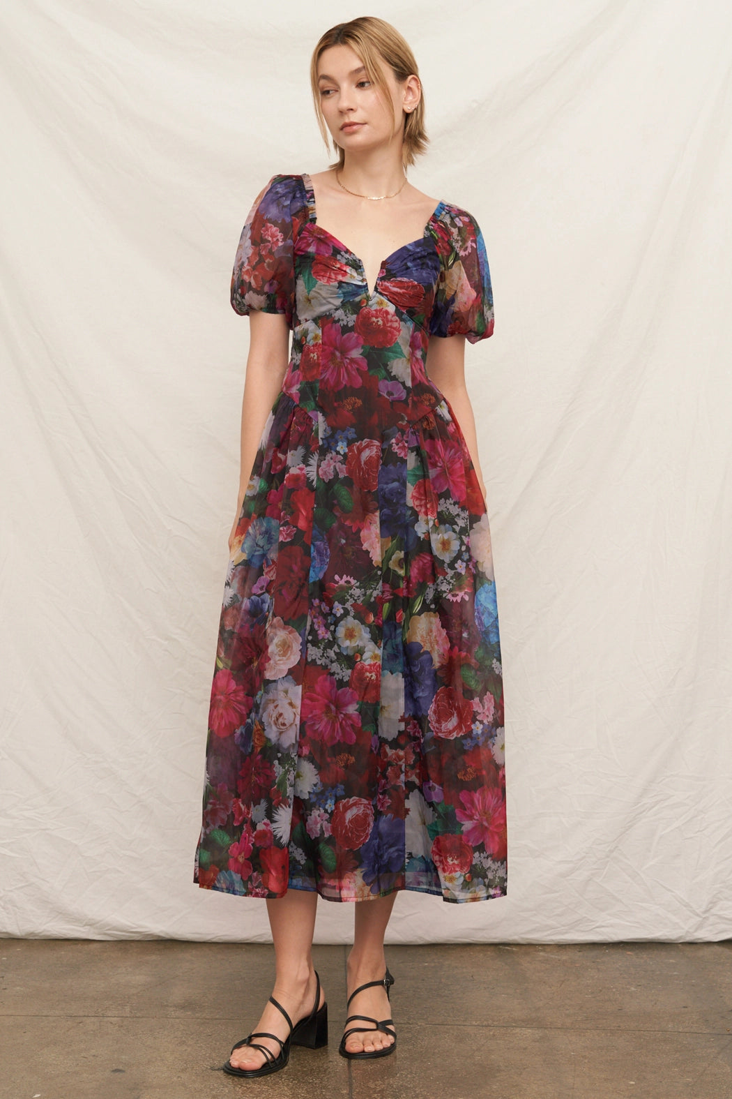 Puff Sleeve Floral Overlay Midi Dress