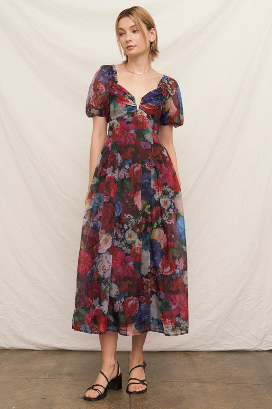 Puff Sleeve Floral Overlay Midi Dress