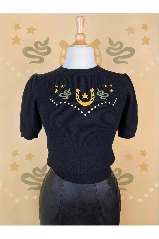Lucky Horseshoe Short Sleeve Black Sweater