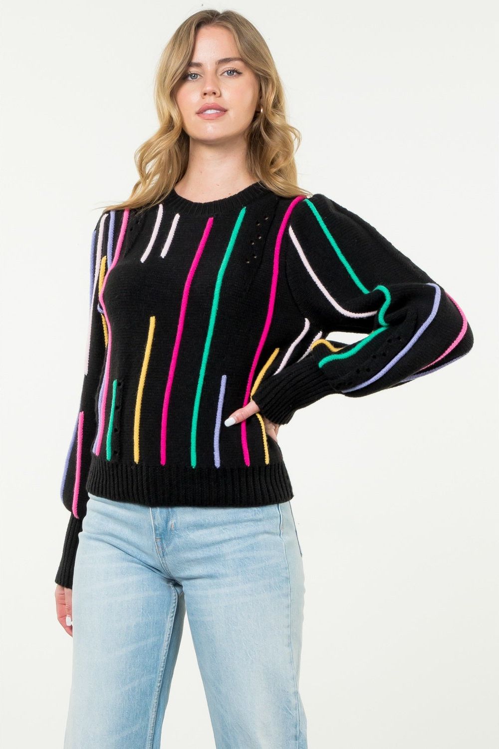 Catch A Vibe Black Multicolor Linear Print Knit Pullover