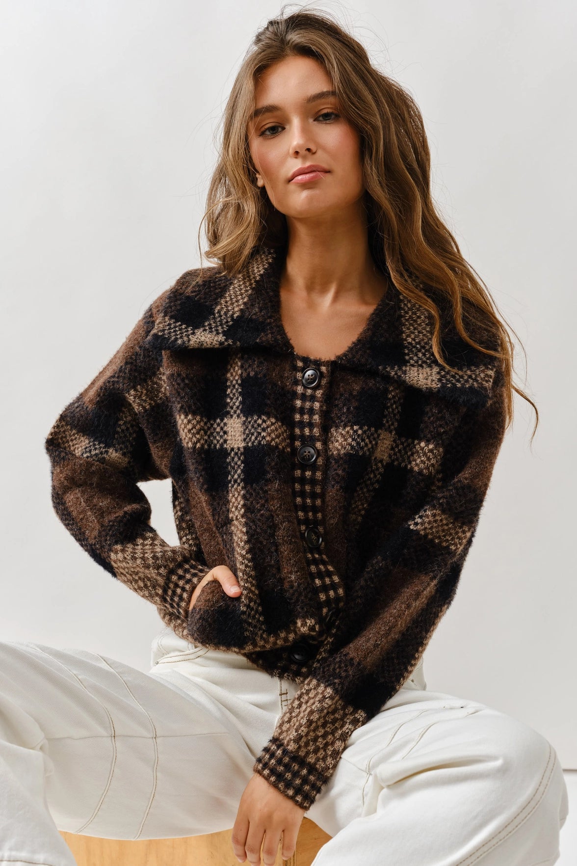 40's Inspired Bomber Plaid Button Down Cardigan