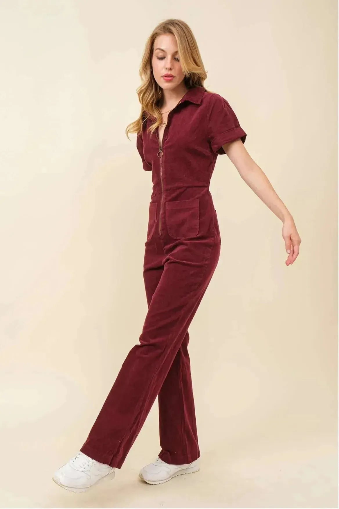 Short Sleeve Plum Corduroy Jumpsuit