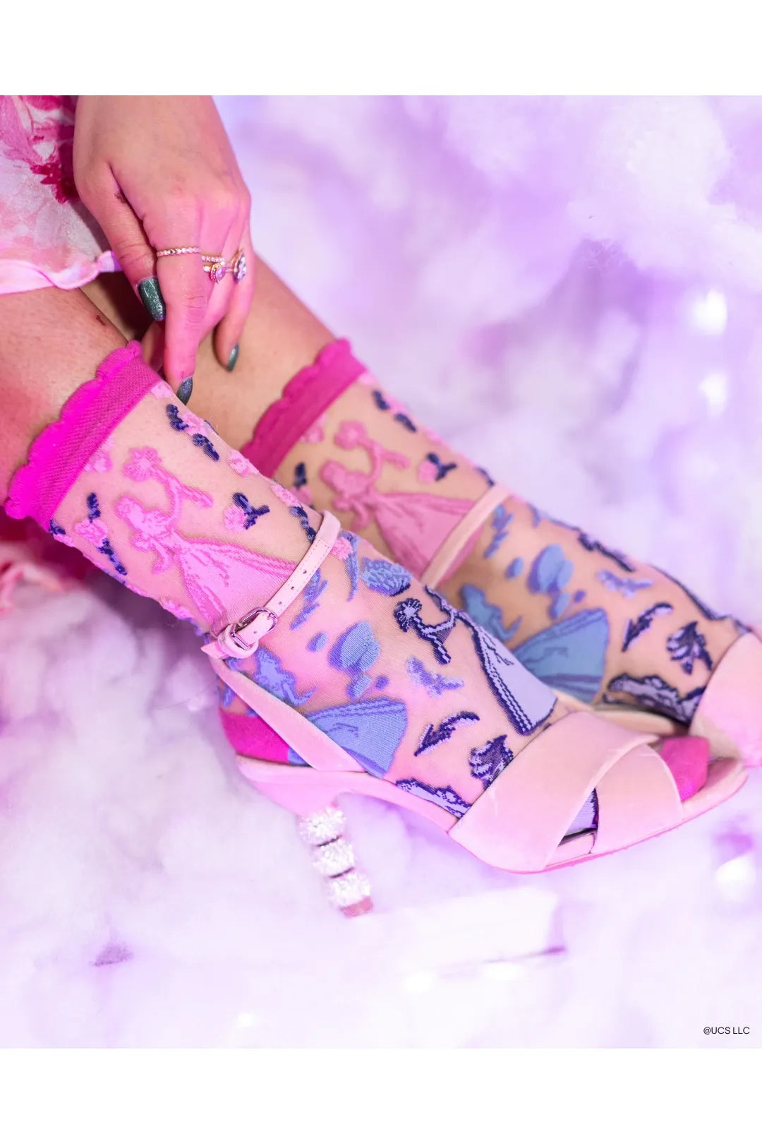 Wicked Glinda Silhouette Ruffle Floral Sheer Crew Fashion Socks