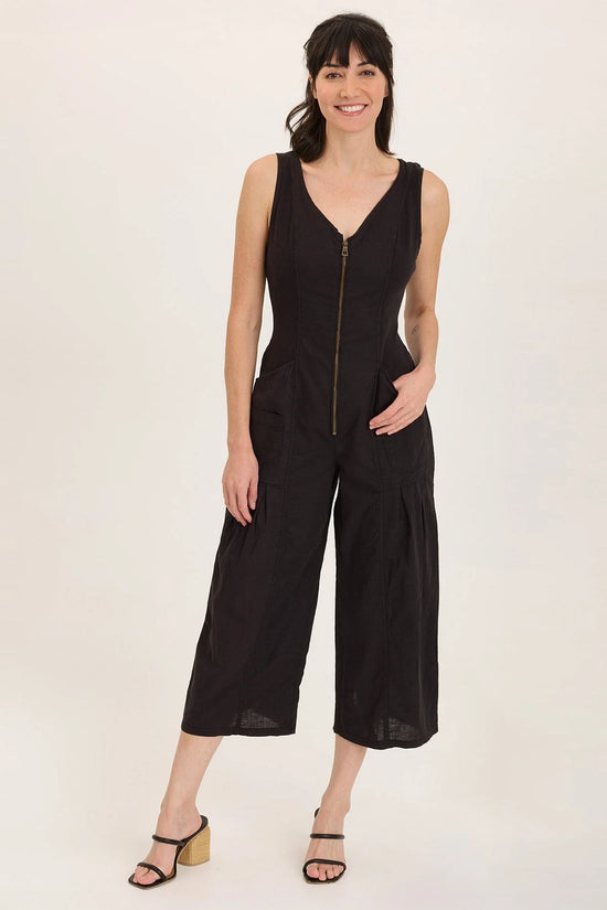 Linen Wide Leg Cargo Black Jumpsuit