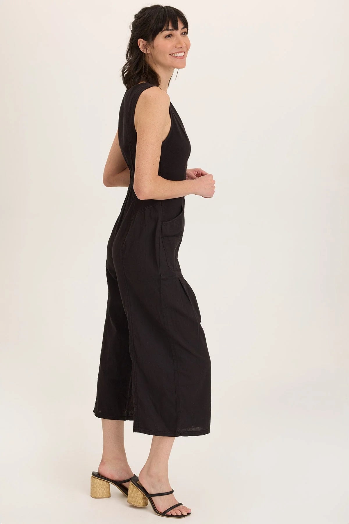 Linen Wide Leg Cargo Black Jumpsuit