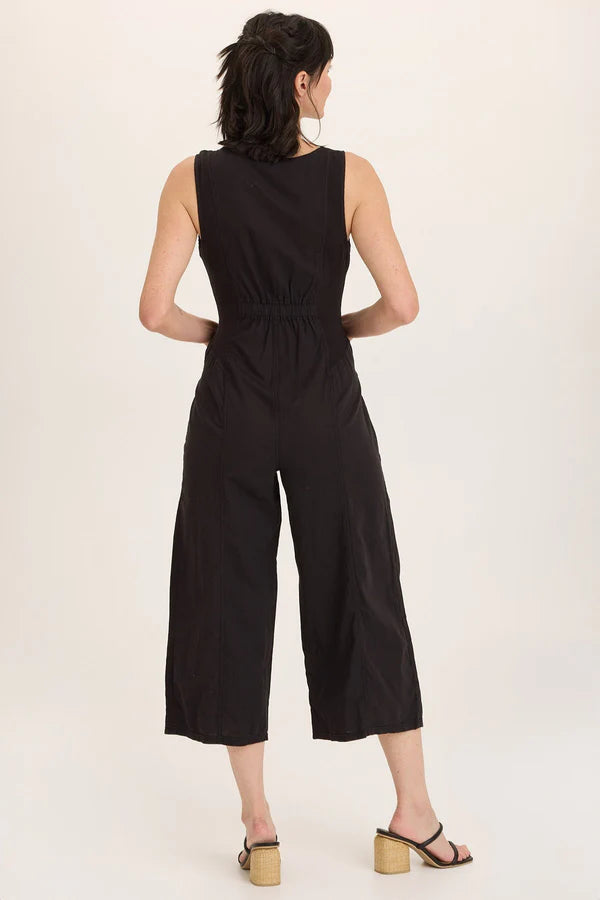 Linen Wide Leg Cargo Black Jumpsuit