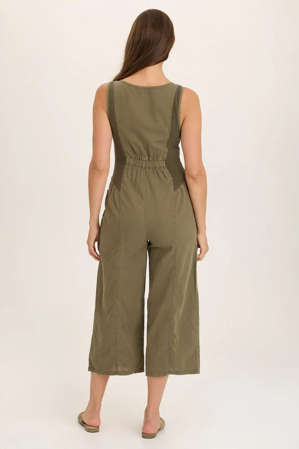 Linen Wide Leg Cargo Olive Green Jumpsuit