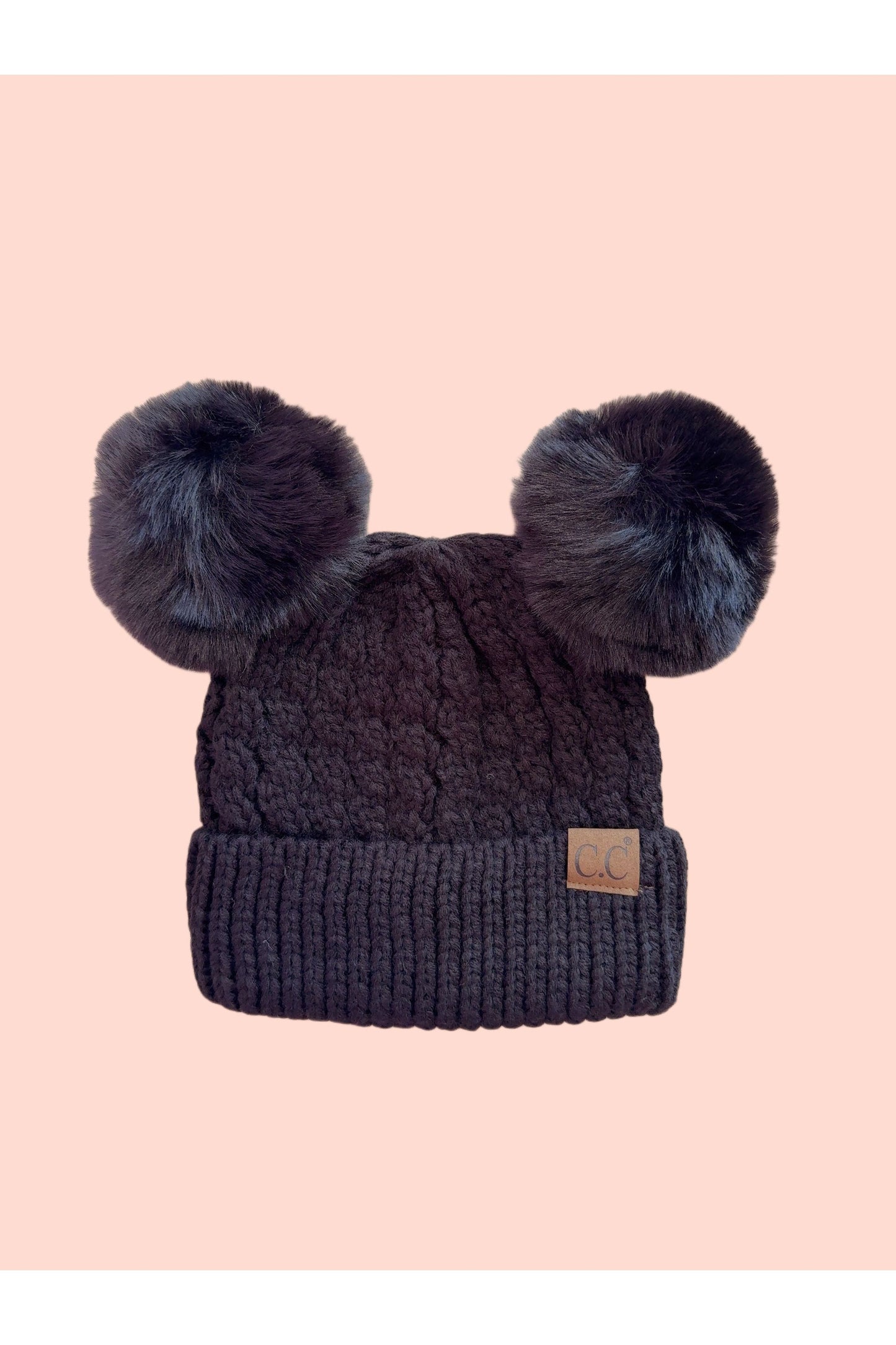 Double Pom Faux Fur Knit Beanie