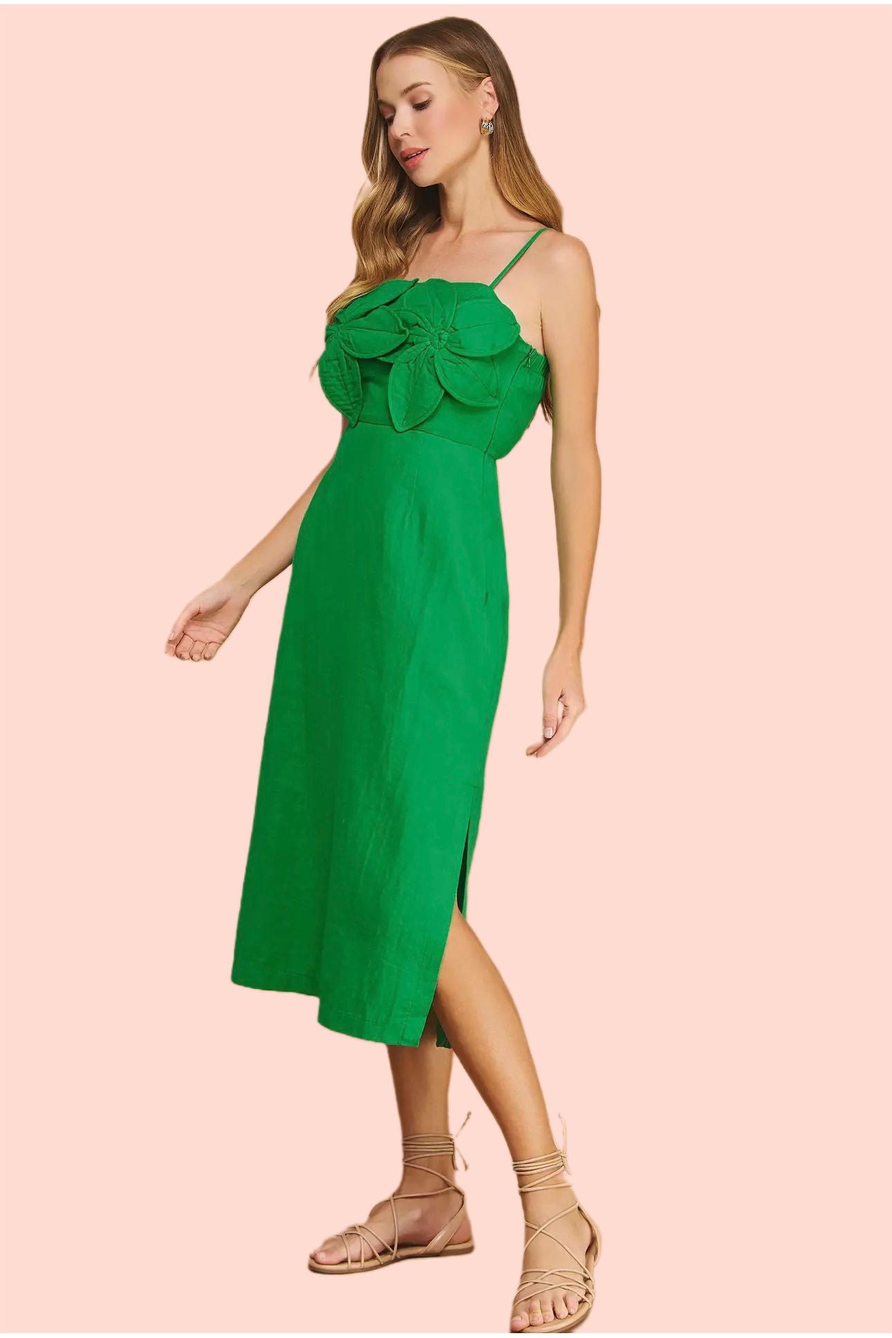 Unique 3D Kelly Green Floral Appliqu Midi Dress XS Unique 3D Kelly Green Floral Appliqu Midi Dress XS