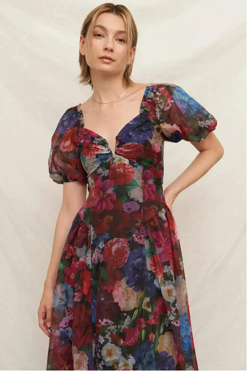 Puff Sleeve Floral Overlay Midi Dress