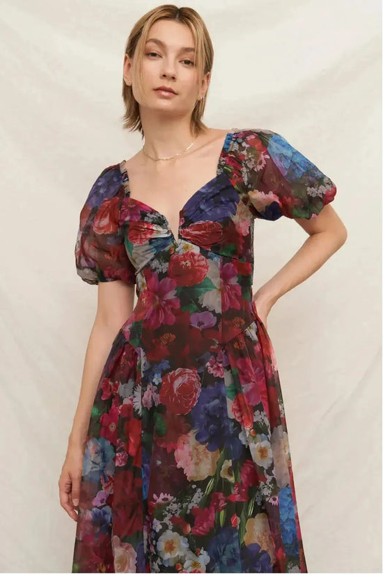 Puff Sleeve Floral Overlay Midi Dress