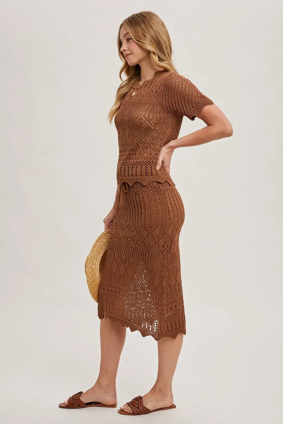 Crochet Knit Sweater Mocha Scalloped Skirt