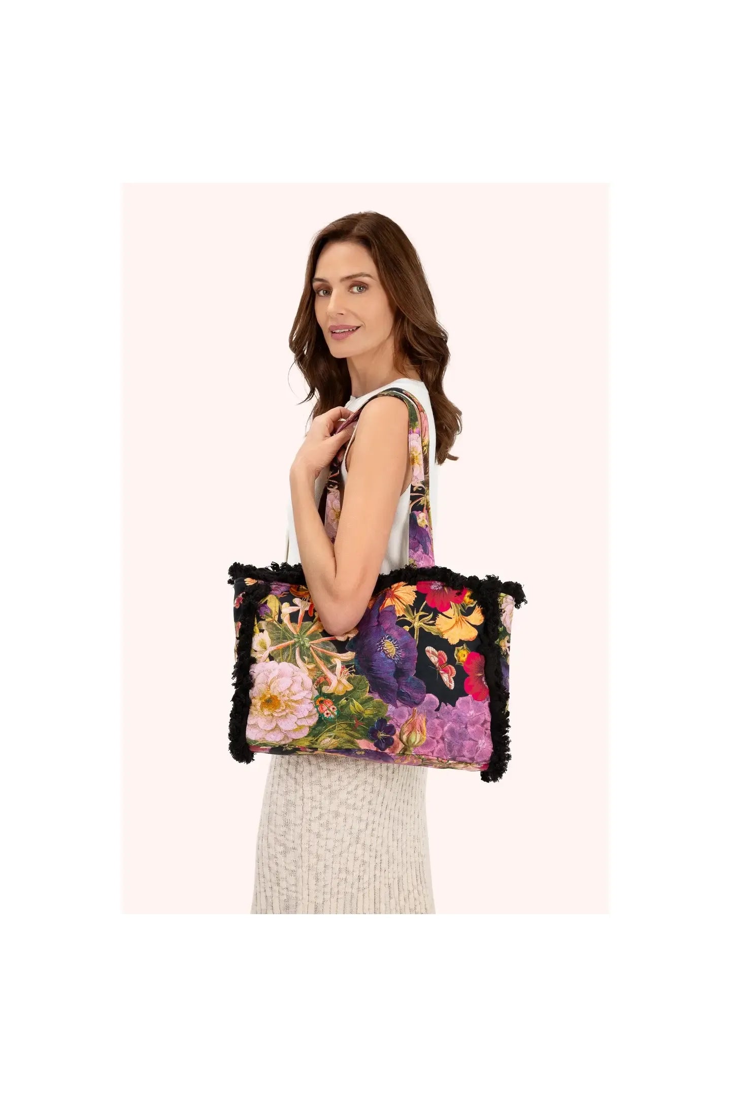 Fringed Floral Carpet Tote Bag