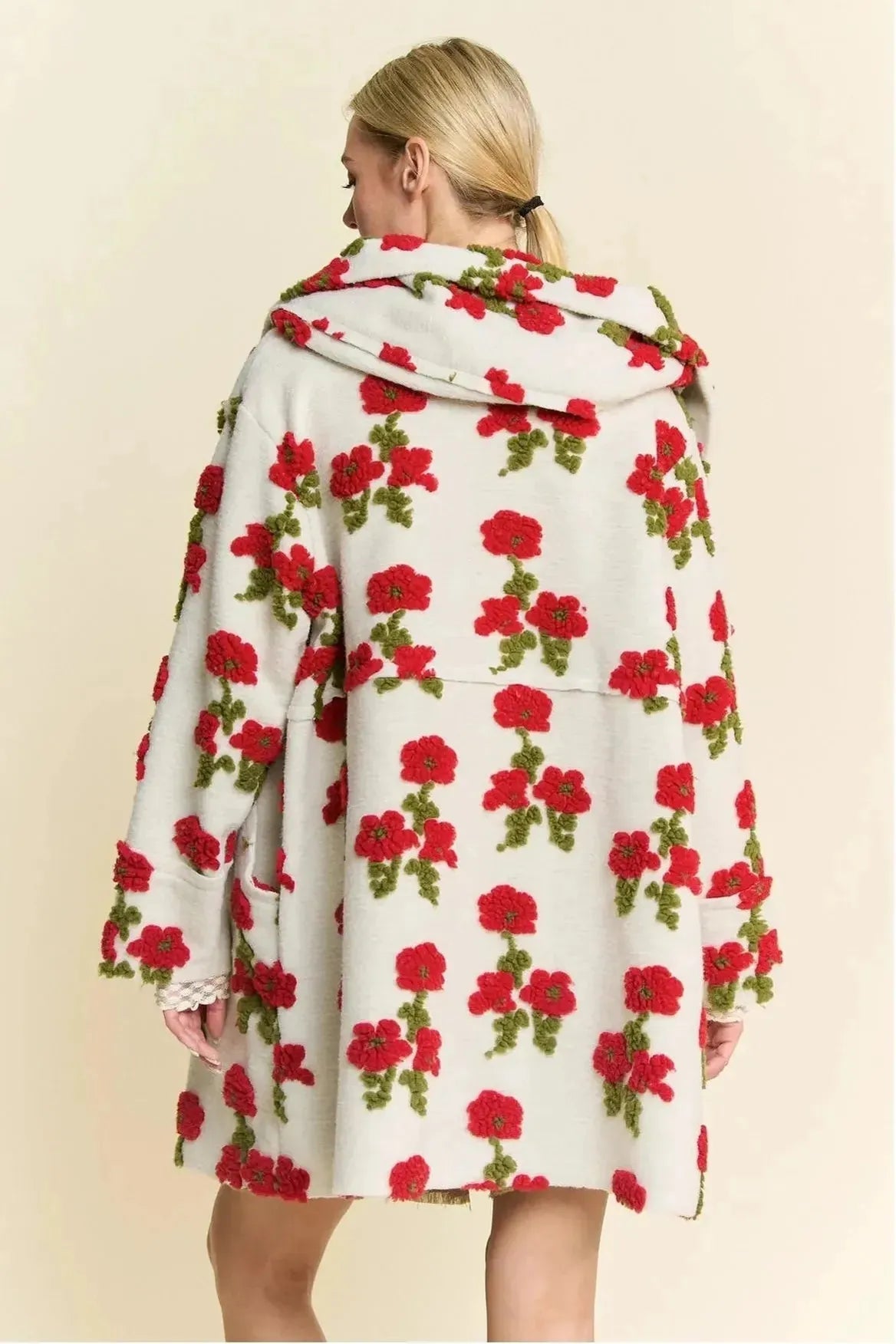 Red Floral Sherpa Hoodie Swing Coat