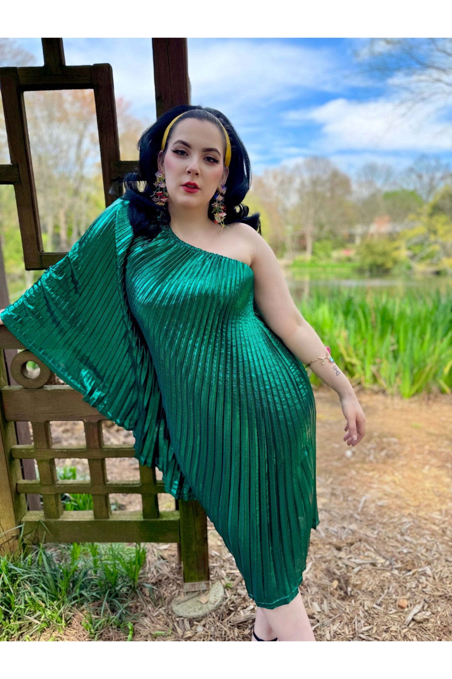 Vibrant Green Metallic One Shoulder Designer Dress