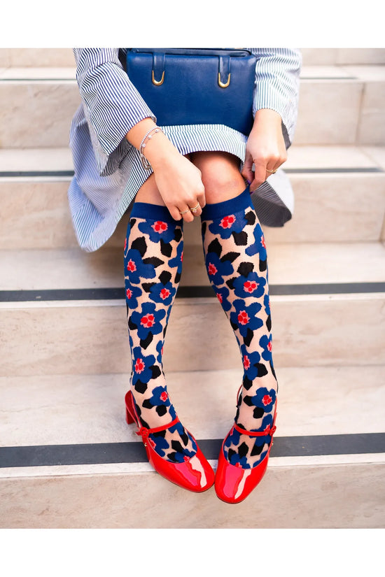 Bold Blue Floral Sheer Knee High Fashion Socks