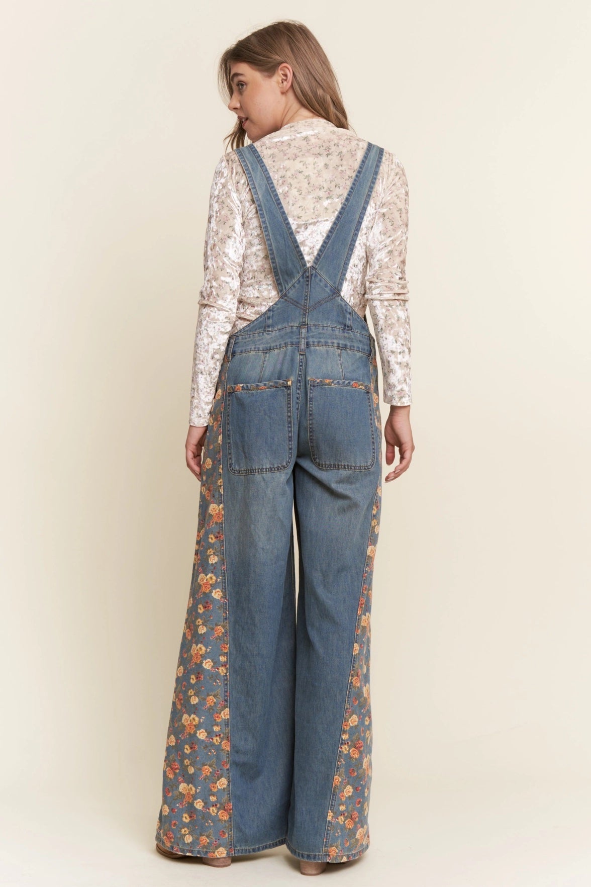 Floral Print Denim Wide Leg Overalls