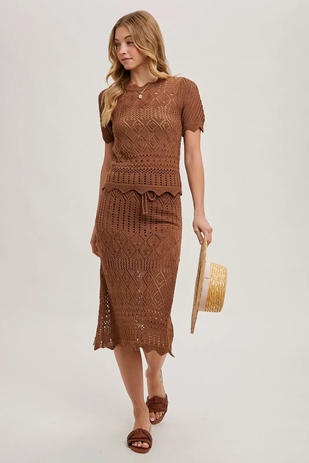 Crochet Knit Sweater Mocha Scalloped Skirt