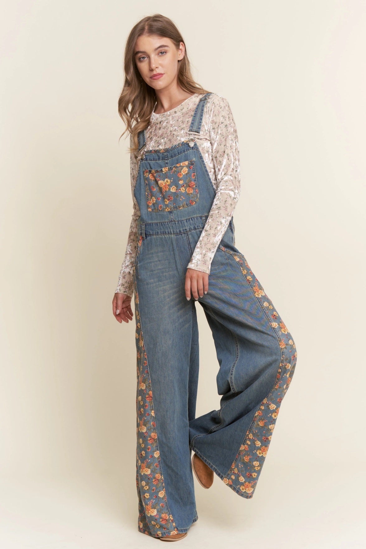 Floral Print Denim Wide Leg Overalls