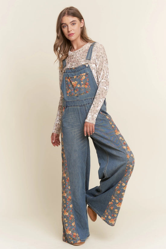 Floral Print Denim Wide Leg Overalls