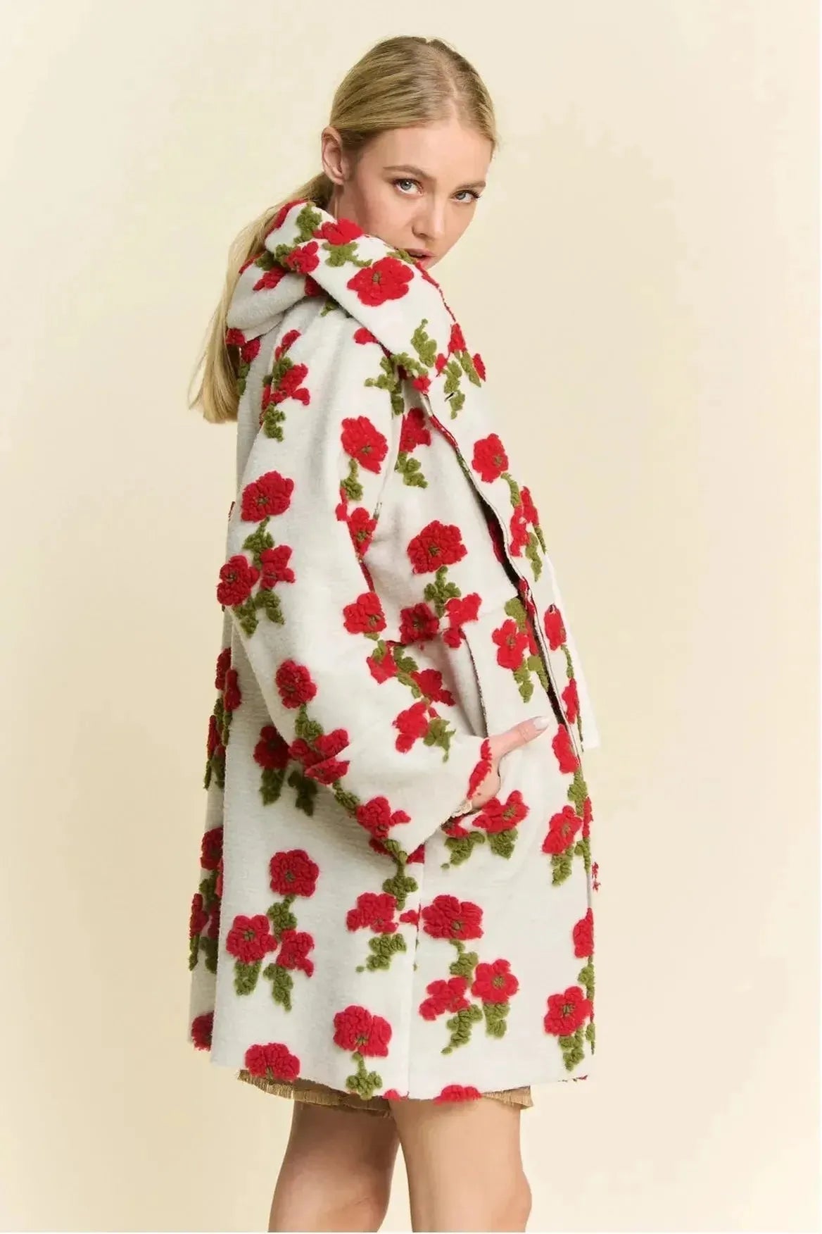Red Floral Sherpa Hoodie Swing Coat